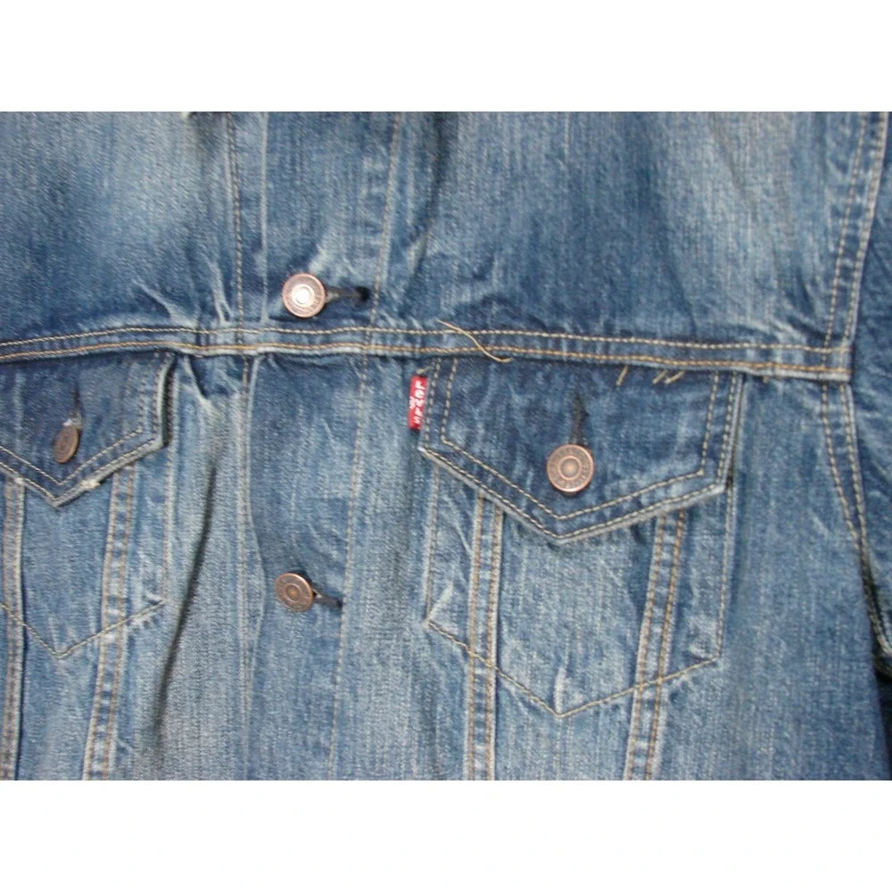New 2012 Levis Blue Jean Trucker Denim Jacket Classic Iconic Factory Distress L
